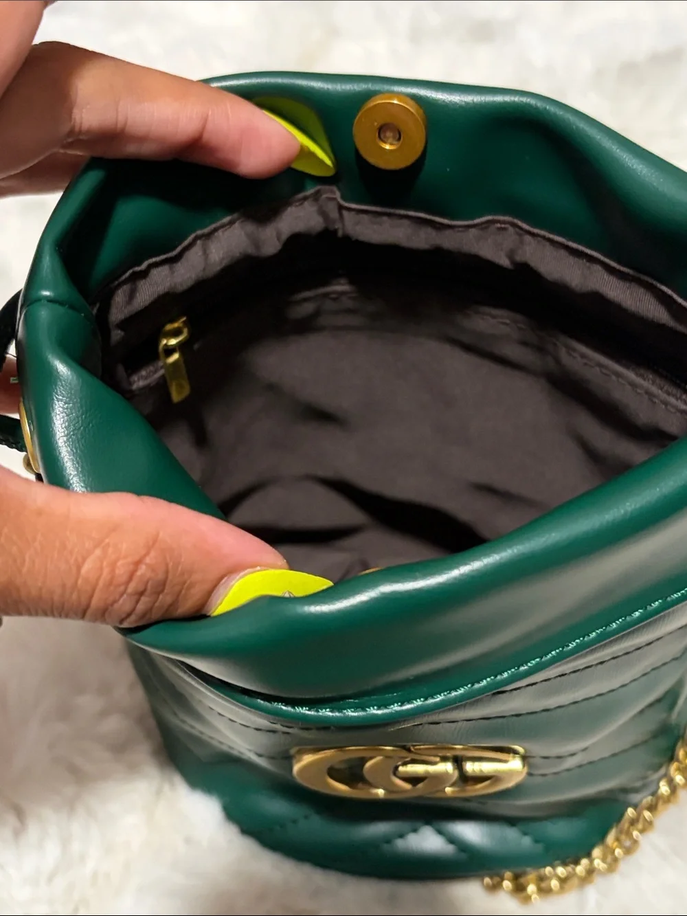 Green Marmont Quilted Bucket Crossbody with Gold Chain
